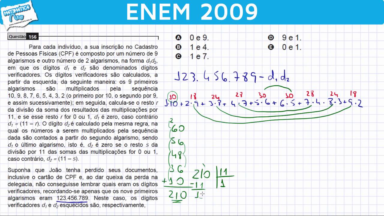 ENEM 2009 Matemática #21 – Resto da Divisão e Número do CPF - Enem ...
